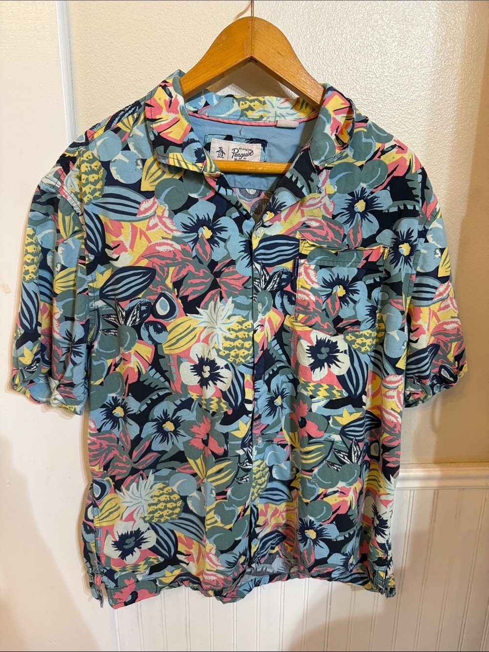 Original Penguin Short-Sleeve Tropical Print Shirt - Blue, Pink & Yellow